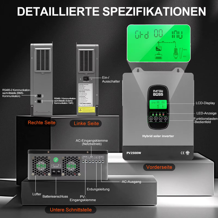DATOUBOSS 12V 1800W Hybrid-Solarwechselrichter mit integriertem MPPT-Laderegler für Solaranlagen im Haushalt - Bild 3