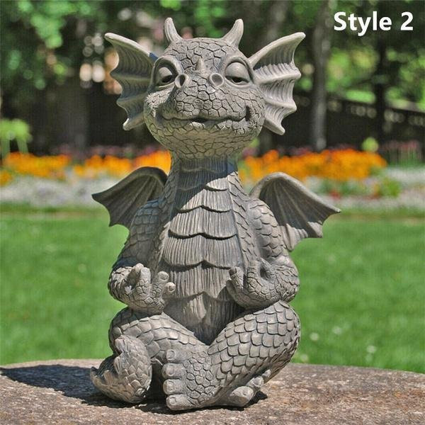 Meditierende Drachen-Statue von Janezhi aus Harz in Grau als Gartendekoration für den Außenbereich oder als Tischdeko - Bild 1