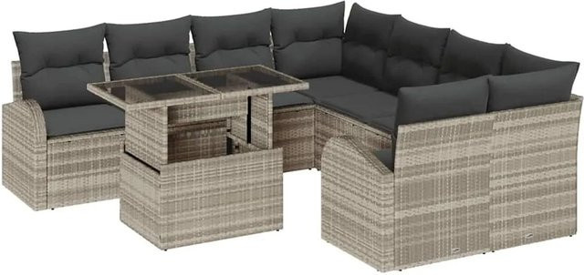 vidaXL Garten-Sofa-Set 9-tlg. aus Poly Rattan in Hellgrau mit Kissen und Couchtisch in U-Form - Bild 1