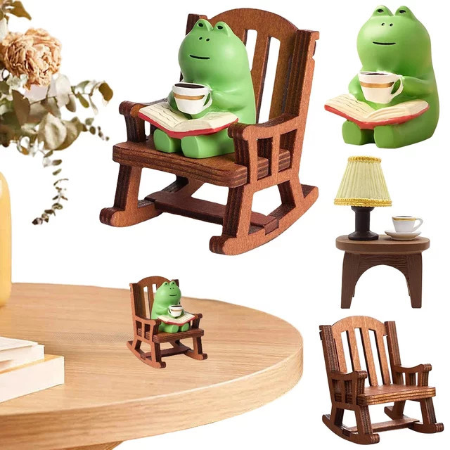 Shunmaii Mini Frosch Figur aus Harz in Grün mit Schaukelstuhl und Buch als Dekoration für dein Zuhause oder Büro - Bild 1
