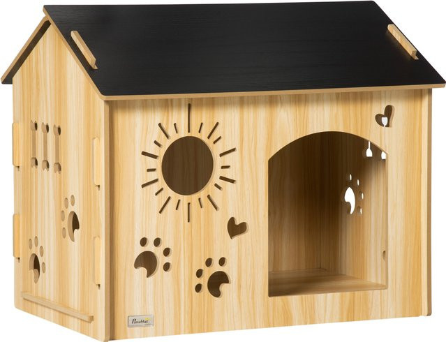 PawHut Hundehütte aus Holz im Landhaus-Design, wetterfestes Kleintierhaus mit erhöhtem Boden, Farbe: Schwarz/Eiche, B/H/L: 50 x 58,5 x 69 cm - Bild 1