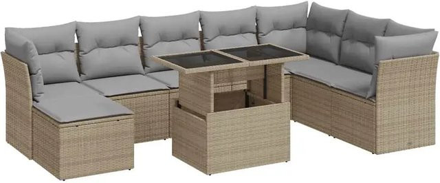 vidaXL 9-tlg. Garten-Sofagarnitur in L-Form aus Poly-Rattan in Beige-Grau mit wetterfesten Kissen und pulverbeschichtetem Stahlgestell - Bild 1