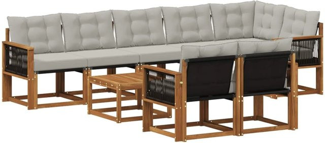 vidaXL Outdoor-Sofagarnitur L-Form aus Akazienholz mit Kissen und Textilene in Hellgrau und Natur - Bild 1