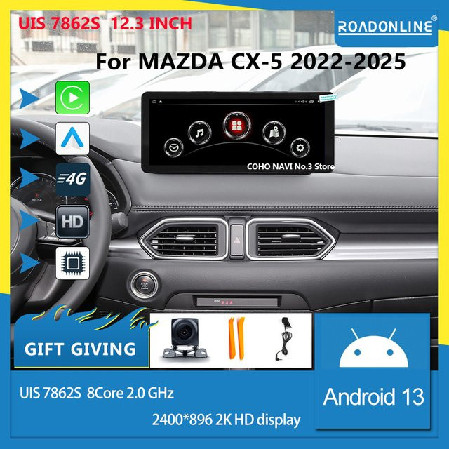 Roadonline Android 13 Multimedia Player für Mazda CX-5 2022-2025, 12,3 Zoll 2K Display, 8 Core, 8 GB RAM + 256 GB Speicher, Stereo Radio, Schwarz - Bild 1