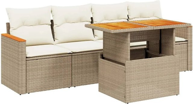vidaXL 5-tlg Garten-Sofagarnitur aus Poly-Rattan und Akazienholz in Beige und Cremeweiß - Bild 1