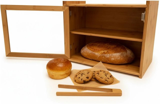 Relaxdays Brotkasten aus Bambus in Natur mit 2 Etagen und Sichtfenster, Farbe: Braun, B/T/H: 40 x 31 x 17,5 cm - Bild 1