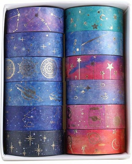 NATAWA Washi Tape Set Sternenhimmel mit Goldfolie, 12 Rollen, Farben: Gold, Grau und Multicolour - Bild 1