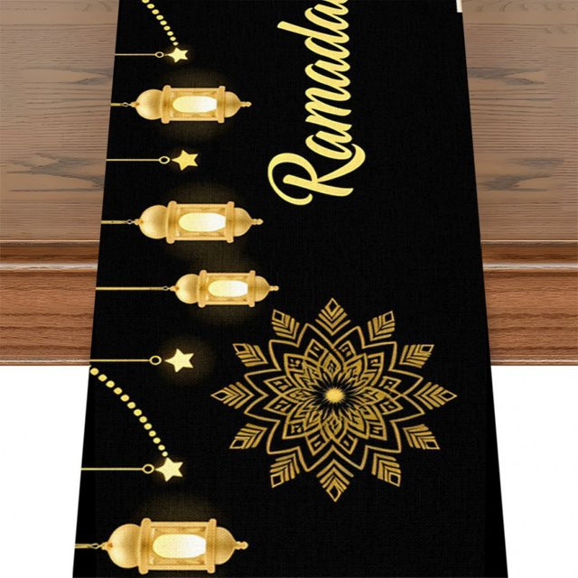 VIKAMA Tischläufer Ramadan in Schwarz-Gold mit Heißprägung, orientalisches Design aus Leinen, B/H: 90 x 33 cm - Bild 1