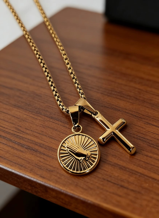 MECYLIFE Halskette Gebetshände, Kreuz, Edelstahl, Gold, Herren - Bild 3