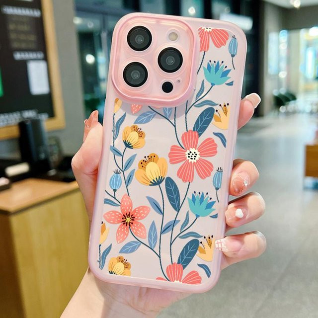 QYSFriday Silikon Schutzhülle mit Blumenmuster für iPhone 13 Pro, 14 und 15 Pro Max, stoßfest und transparent in Grau - Bild 1