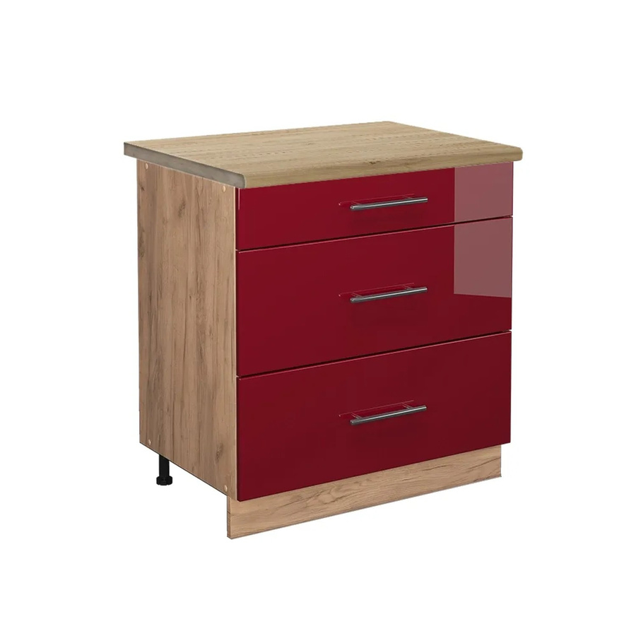 Vicco Küchenunterschrank Fame-Line Bordeaux Hochglanz in Rot und Goldkraft Eiche mit 3 Schubladen und Soft-Close-Funktion, B: 80 cm, T: 60 cm, H: 82 cm - Bild 2