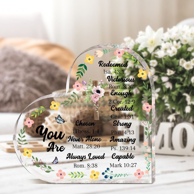 CIFBUY Herz-Acryl-Plakette in Weiß mit floralem Blumendesign und inspirierendem Bibelvers als Tischdekoration - Bild 1