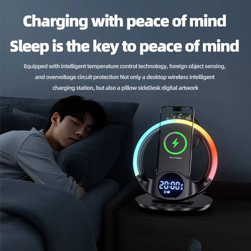 VIKEFON 6-in-1 kabelloses Ladegerät mit RGB-Lichtwecker für iPhone, Samsung Galaxy, Apple Watch und AirPods in Schwarz Multicolour - Bild 3