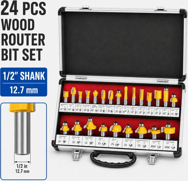JGZUI 24-teiliges Multifunktions-Holzfräser-Set mit 1/2-Zoll-Schaft in Silber für Nuten, Kantenprofilierung, Trimmung und Gravur - Bild 1