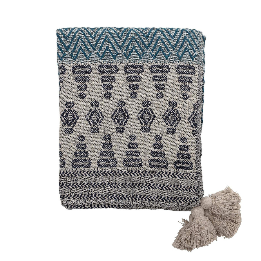 Bloomingville Plaid Milas aus recycelter Baumwolle in Blau mit Webmuster, B: 130 cm, T: 160 cm - Bild 1