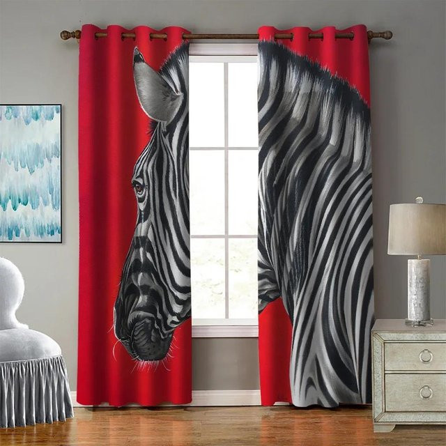 Zebra-Muster Kurzvorhang Set mit 3D-Digitaldruck in Schwarz-Weiß-Grün, 2 Paneele aus Polyester, Breite: 50 cm, Höhe: 160 cm - Bild 1