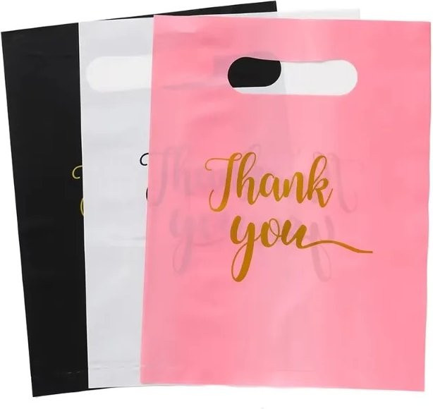 Dankeschön Geschenktüten aus Kunststoff in Weiß und Pink für Boutiquen und Geburtstagsfeiern - Bild 1