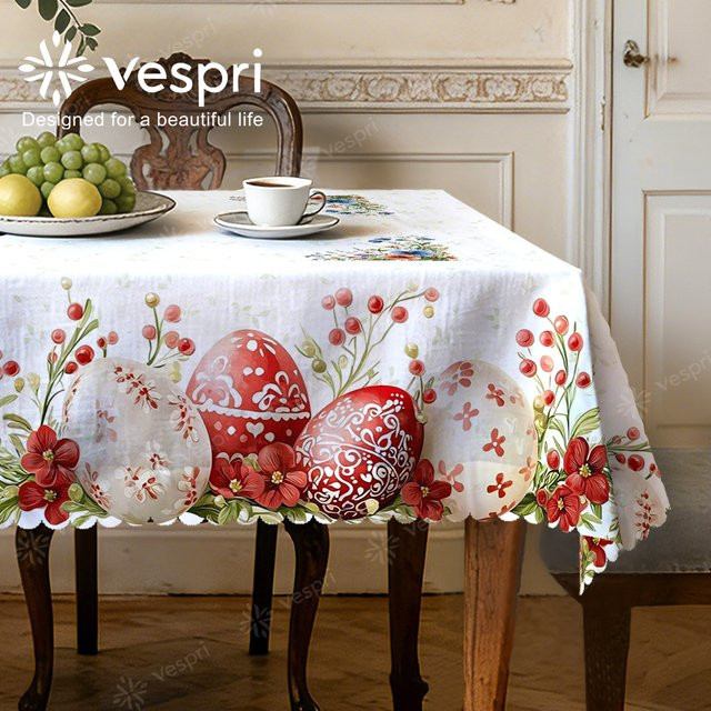 Vespri Oster-Tischdecke mit floralem Design und roten Eiern, mehrfarbig, Polyester - Bild 1