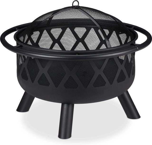 Relaxdays Feuerschale aus Stahl in Schwarz mit Funkenschutz und Schürhaken, B/T/H: 58 x 58 x 75 cm - Bild 1