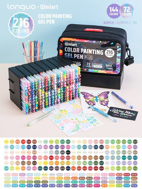 Languo Acryl- und Glitzer-Gelstift-Set mit Organizer-Tasche, 216 Farben, professionelle Malstifte für Künstler, Leinwand und Steinmalerei, Mehrfarbig - Bild 1