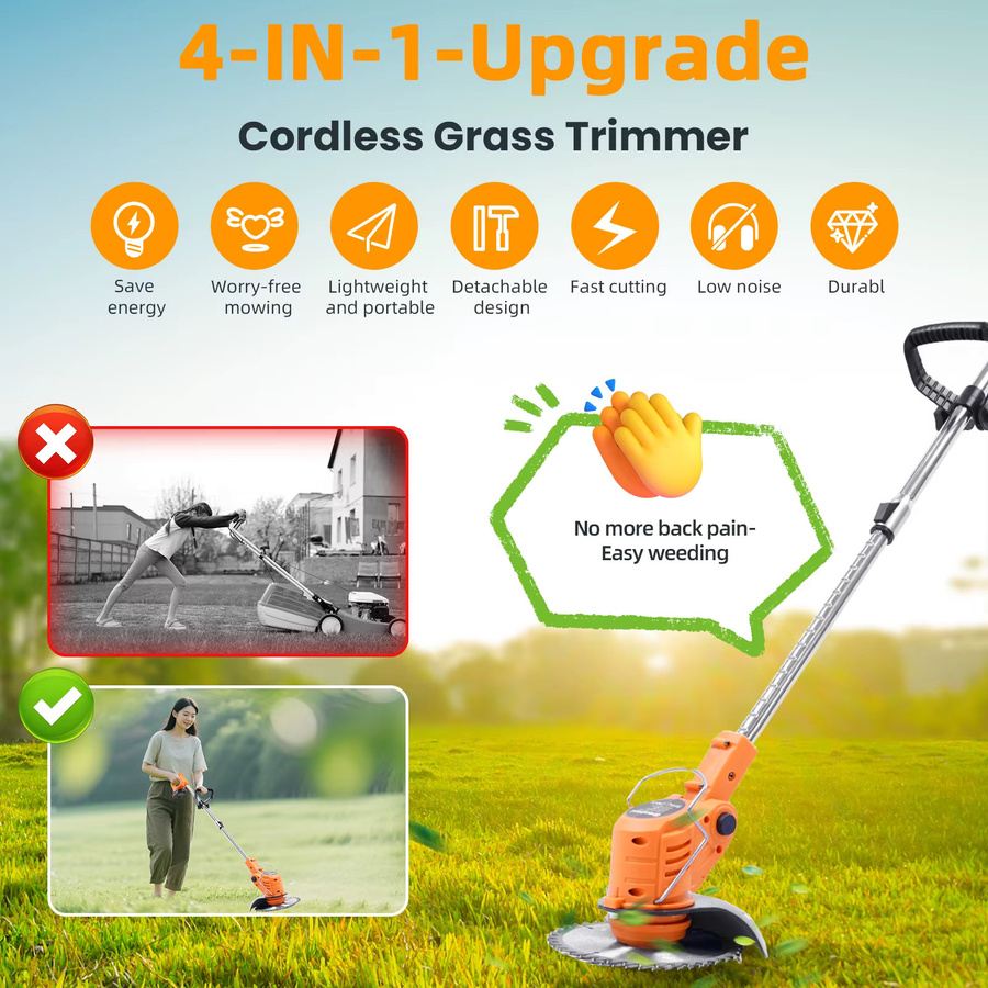 Grenintol 2-in-1 Akku-Rasentrimmer und elektrischer Rasenmäher mit 21 V, bürstenloser Motor, 4,0 Ah Akku und 4 Klingen, Orange - Bild 4