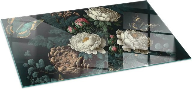 Tulup Glasplatte für Kamin mit Blumenmuster und Schmetterlingen, Grün, B: 140 cm, T: 70 cm - Bild 1