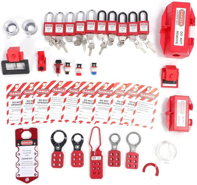 Aimo Lockout Tagout Kit Gruppen-Lockout Set mit Überbrückungsbügel, Universalklemme für Leitungsschutzschalter und Sicherheitsvorhängeschloss in Rot mit Werkzeugkasten - Bild 1