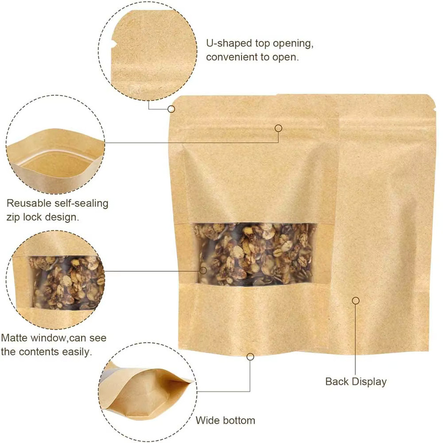 Kraftpapier-Fensterbeutel in Braun mit Reißverschluss zur Selbstabdichtung für Kekse, Nüsse und Snacks - Bild 2