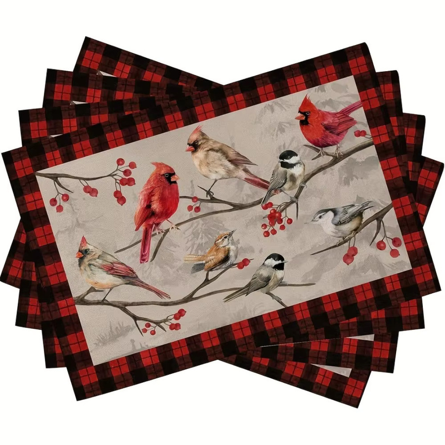 VIKAMA 4-teiliges Vintage-Tischset-Set mit Vogeltweig und Karomuster, quadratisch, maschinenwaschbar, Breite: 40 cm x Tiefe: 40 cm - Bild 5