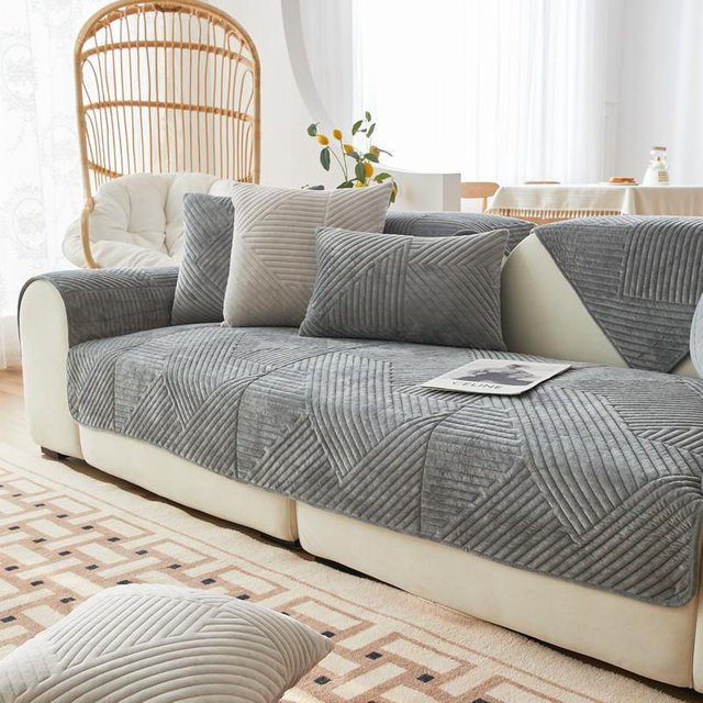 Rutschfester Plüsch-Sofabezug mit geometrischen Streifen in Grau, dicker Couch-Schonbezug aus Polyester und Samt, Breite: 70 cm, Tiefe: 70 cm - Bild 1