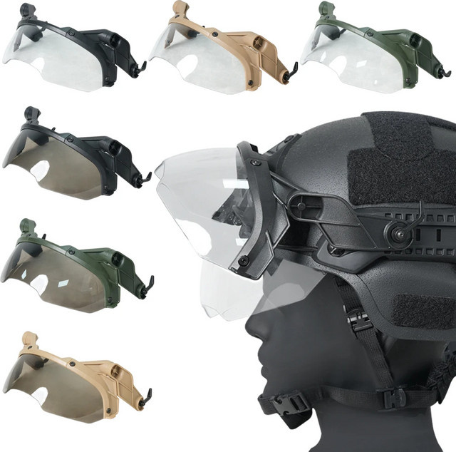 Taktischer FAST MICH Helm mit abnehmbarer Schutzbrille und Hörnern, Antibeschlag-Effekt, Farben: Schwarz oder Grün, Brille: Klar - Bild 1