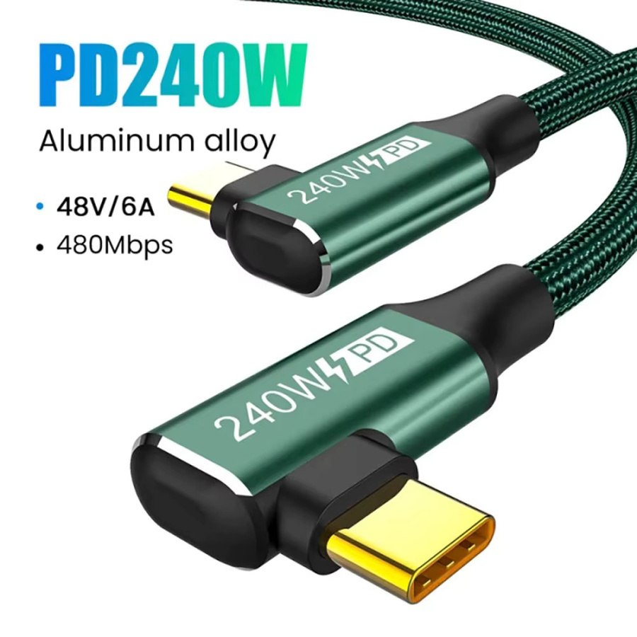 240W USB-C-Ladekabel mit 90-Grad-Winkel für schnelles Laden und Datentransfer, PD Typ-C Datenkabel in Schwarz und Grün - Bild 2