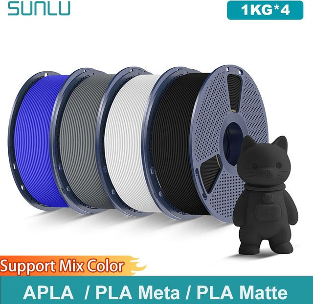 SUNLU 3D-Druck Filament Set 4kg PLA Meta und PLA Matt 1,75mm für FDM-Drucker in Schwarz, Weiß, Grau und Blau - Bild 1