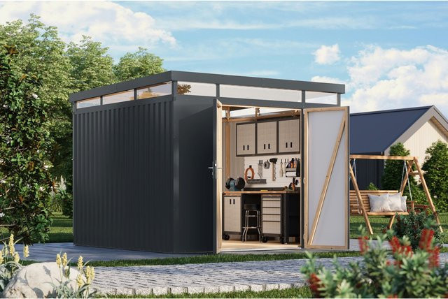 Karibu Holztechnik Metallgerätehaus Boldmere XXL Set mit Anbaudach in Anthrazit, Breite: 2 m - Bild 1