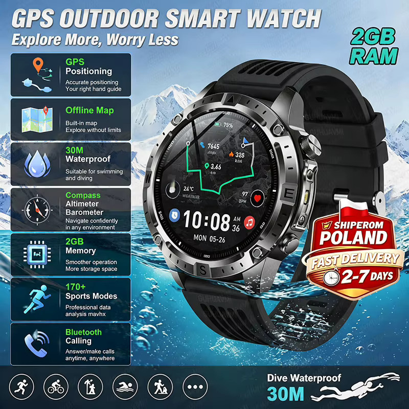 GUHUAVMI GPS-Smartwatch mit Offline-Kartennavigation und Bluetooth-Anruffunktion, Outdoor-Militäruhr in Schwarz mit Kompass, Höhenmesser, Barometer und Taschenlampe, 3ATM wasserdicht und 170+ Sportmodi - Bild 7