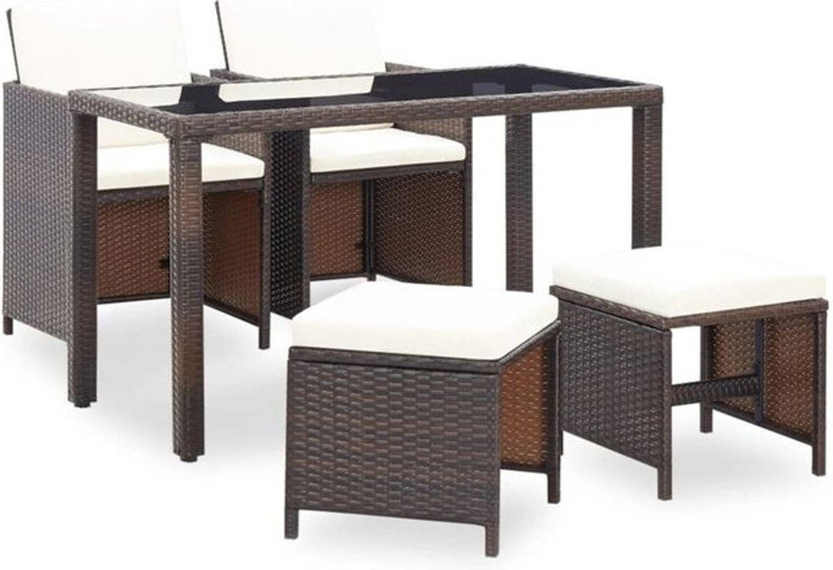 5-tlg. Garten-Essgruppe aus Poly Rattan und Metall mit Glasplatte und Auflagen in Braun und Creme von vidaxl - Bild 1