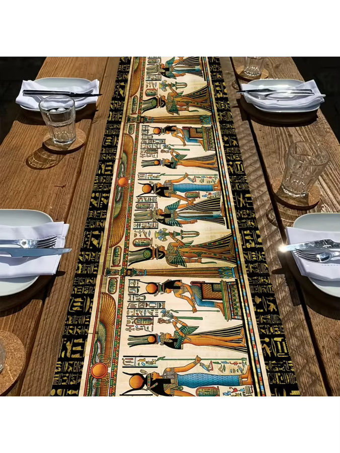 VIKAMA Tischläufer aus 100 % Leinen mit altägyptischem Retro-Print, Mehrfarbig, Länge: 150 cm - Bild 4