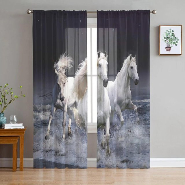 Transparenter Voile-Hängevorhang von A Family Of Home Textiles mit schwarz-weißem Pferd Aquarellmalerei, Farbe Schwarz-Weiß, Breite: 135 cm, Höhe: 160 cm - Bild 1