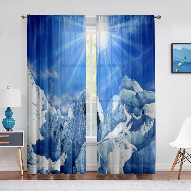 Transparenter Voile-Vorhang mit Berglandschaft und Naturmotiv, Chiffon-Tüllvorhang für Wohnzimmer und Schlafzimmer, Blau, Breite: 100 cm, Höhe: 250 cm - Bild 1