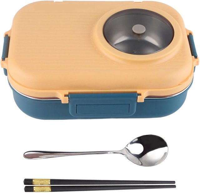 Binchi Outdoor Product Thermische Lunchbox Gelb, 1100 ml, Doppelschichtiges 3-Fächer-Design aus Edelstahl mit Besteck und Suppenschüssel - Bild 1