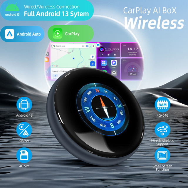 Ezonetronics Wireless CarPlay AI Box mit Android 13, 4+64GB, Dual-WLAN und 4 SIM-Karten, Schwarz - Bild 1