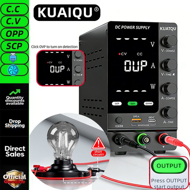 KUAIQU LED-Testnetzteil in Schwarz, einstellbares DC-Netzteil für Elektronik-Reparaturen mit optionalem OCP und OVP - Bild 1