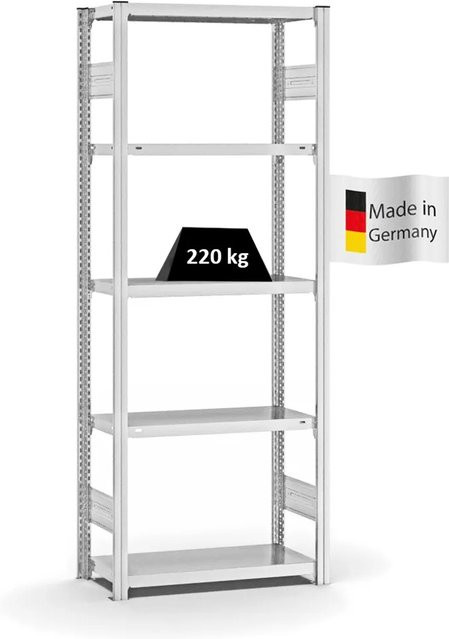 PROREGAL Fachbodenregal Stecksystem T-Profil Medium-Duty Grundregal, Lichtgrau, H x B x T: 200 x 75 x 30 cm, 5 Ebenen, Fachlast 220 kg - Bild 1