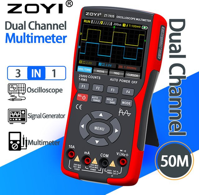 ZOYI 703S 3-in-1 Handoszilloskop in Rot: Automotive Dual-Kanal 50MHz mit 280MS Digitalmultimeter und Signalgenerator-Tester - Bild 1