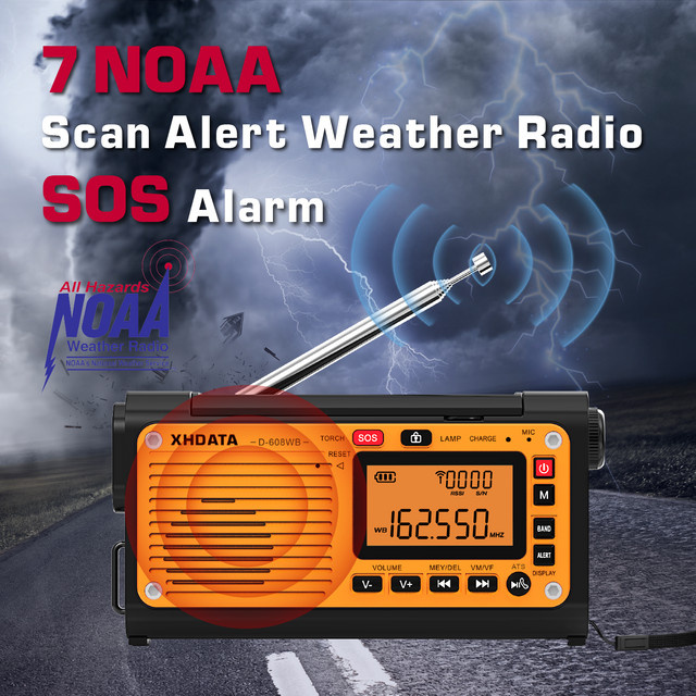 XHDATA D-608WB Notfall-Wetterradio mit Bluetooth, Kurbel und Telefonladegerät, FM/AM/SW/NOAA-Alarm, tragbares batteriebetriebenes Radio - Bild 1