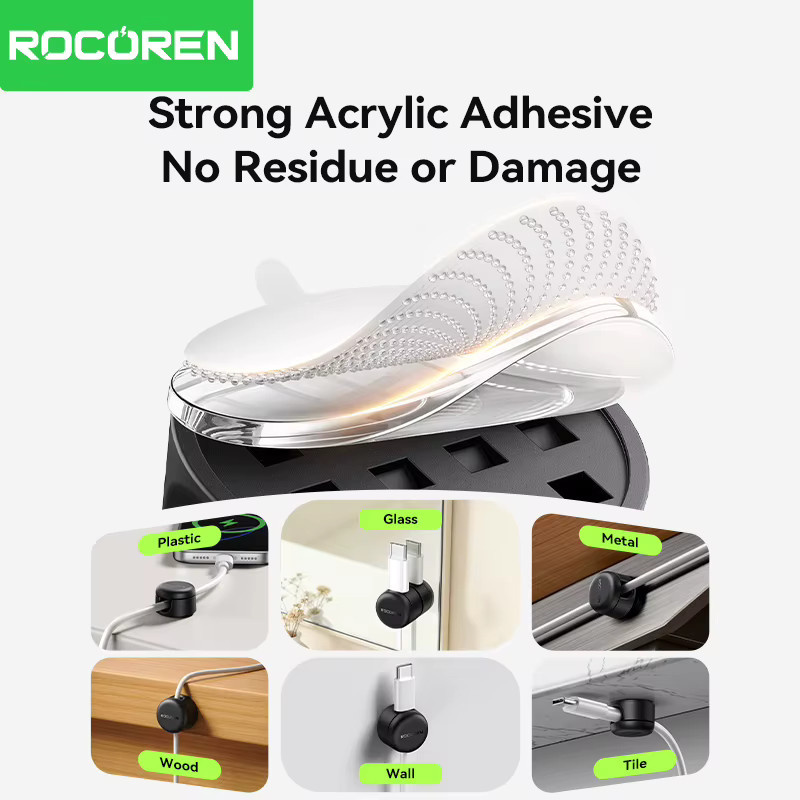 Rocoren 360 Grad rotierender magnetischer Kabelorganisator in Schwarz mit selbstklebenden Kabelclips und verstellbarem Kabelhalter für unter dem Schreibtisch - Bild 4