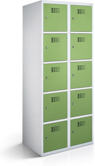 rotstahl Fächerschrank mit 10 Fächern aus Stahlblech in Hellgrün und lichtgrauem Korpus, B/T/H: 60 x 50 x 180 cm - Bild 1