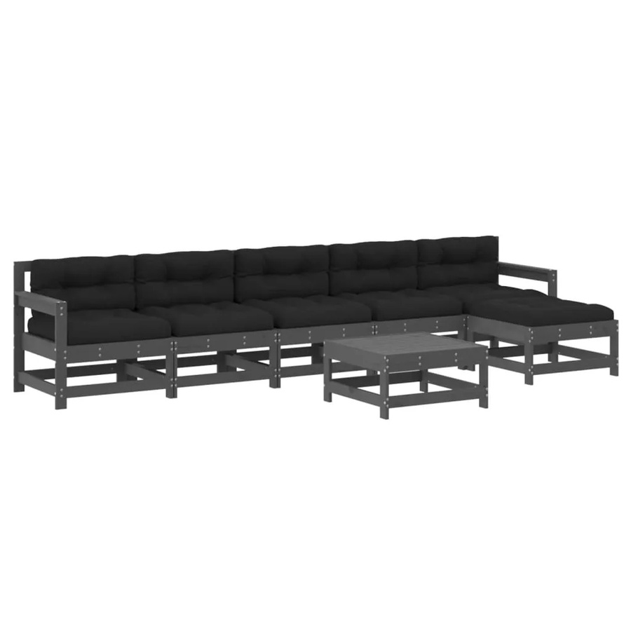 vidaXL 7-tlg Garten-Lounge-Set aus Massivholz Kiefer in Grau mit Polstern und Kissen in L-Form - Bild 2