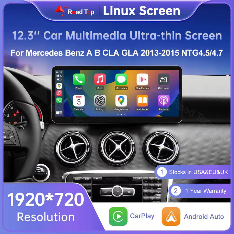 Road Top 12,3 Zoll Ultra-Dünner Touchscreen Multimedia GPS mit Carplay und Android Auto für Mercedes Benz A-Klasse W176, CLA, GLA W246 NTG4.5 in Schwarz - Bild 1