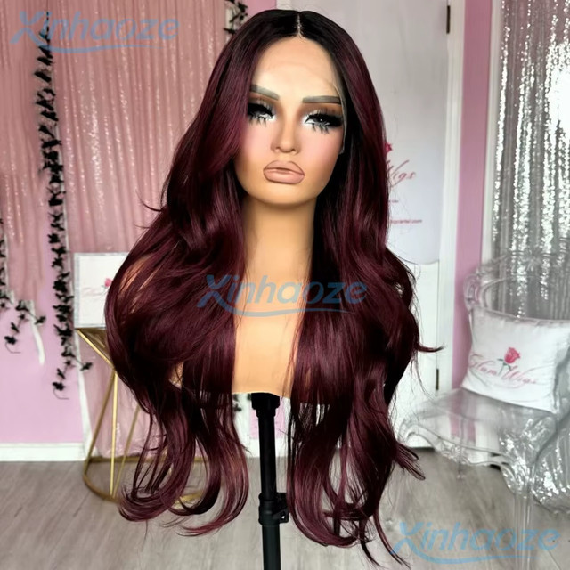 XINHAOZE Lace Front Perücke Echthaar, Burgund, Körperwelle, Unisex - Bild 1